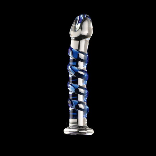 Icicles No. 5 Curved Ribbed 7 in. Glass Dildo Blue/Clear - Image 3