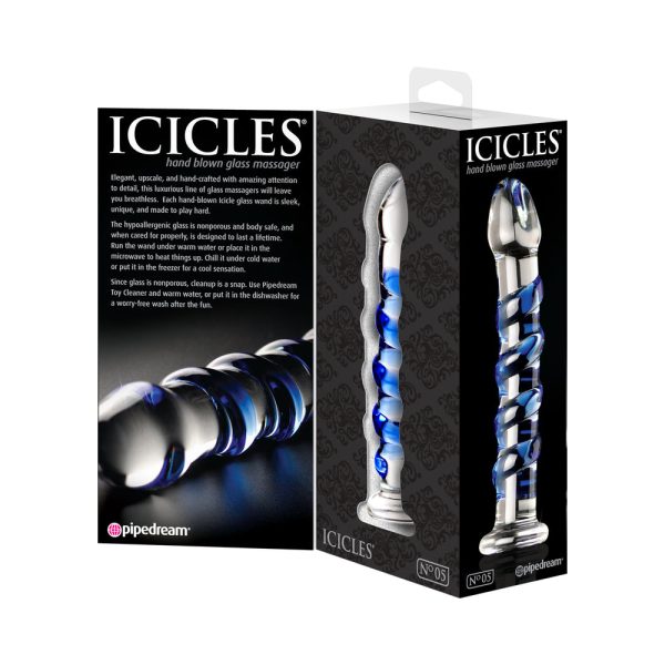 Icicles No. 5 Curved Ribbed 7 in. Glass Dildo Blue/Clear - Image 5