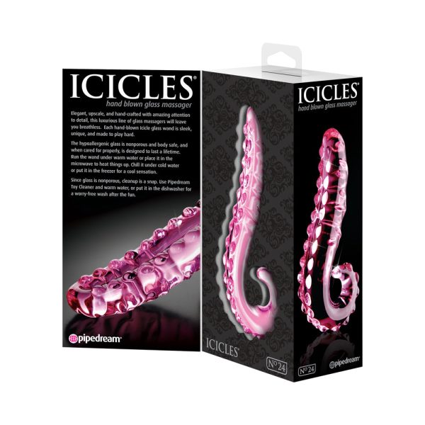 Icicles No. 24 Curved Textured 6 in. Glass Dildo With Handle Pink - Image 6