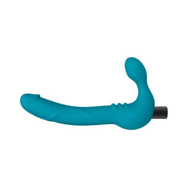 Temptasia Luna 9 in. Silicone Strapless Strap-On Dildo with Rechargeable Bullet Vibrator Teal - Image 4