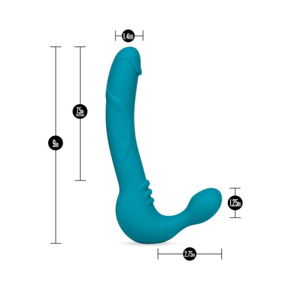 Temptasia Luna 9 in. Silicone Strapless Strap-On Dildo with Rechargeable Bullet Vibrator Teal - Image 5