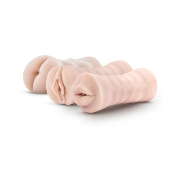 M for Men Soft + Wet Self-Lubricating 3-Pack Vibrating Stroker Sleeve Kit Beige - Image 2