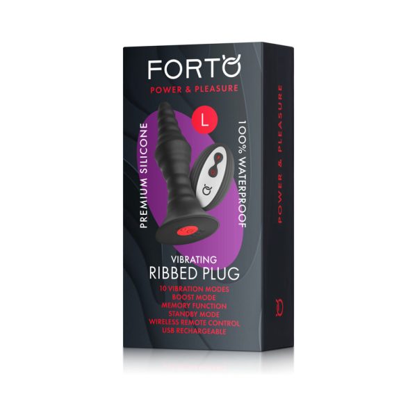 Forto Vibrating Ribbed Plug Rechargeable Remote-Controlled Silicone Anal Plug Large Black - Image 7
