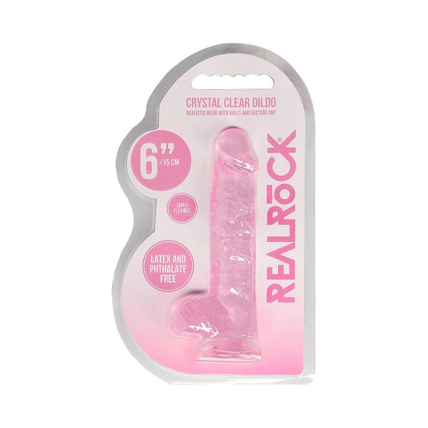 RealRock Crystal Clear Realistic 6 in. Dildo With Balls and Suction Cup Pink - Image 8