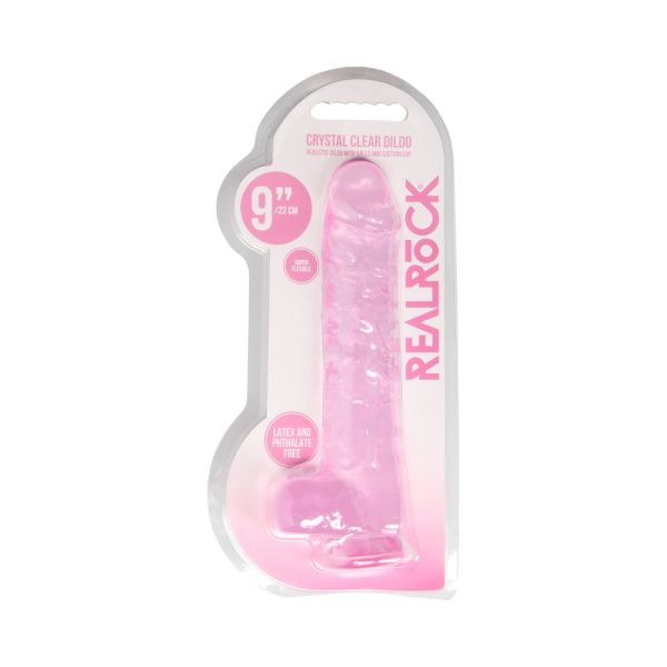 RealRock Crystal Clear Realistic 9 in. Dildo With Balls and Suction Cup Pink - Image 8