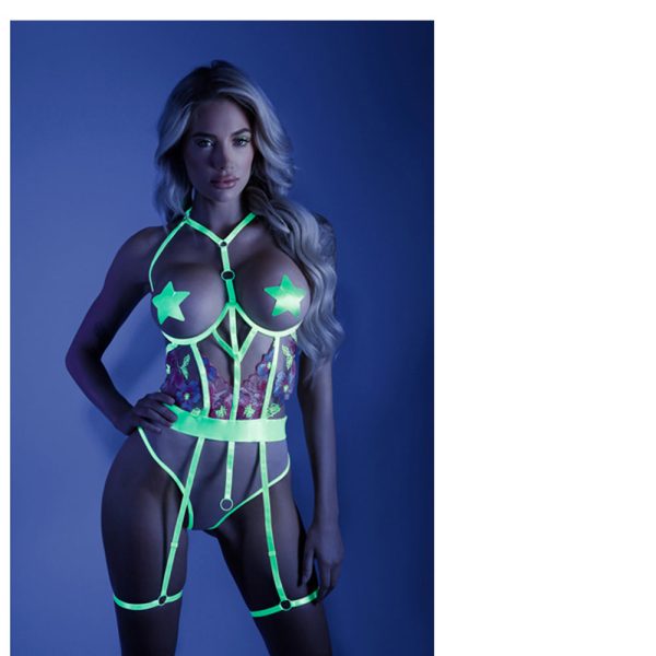 Fantasy Lingerie Glow In A Trance Open-Cup Crotchless Teddy Neon Chartreuse L/XL - Image 2
