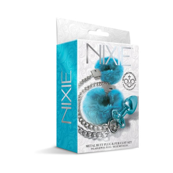 Nixie Metal Butt Plug & Furry Handcuff Set Medium Blue Metallic - Image 2
