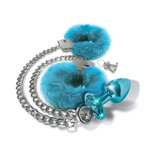 Nixie Metal Butt Plug & Furry Handcuff Set Medium Blue Metallic - Image 3