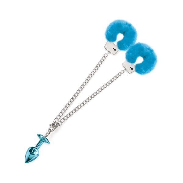 Nixie Metal Butt Plug & Furry Handcuff Set Medium Blue Metallic - Image 5