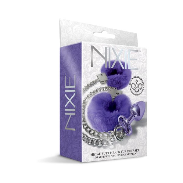 Nixie Metal Butt Plug & Furry Handcuff Set Medium Purple Metallic - Image 2