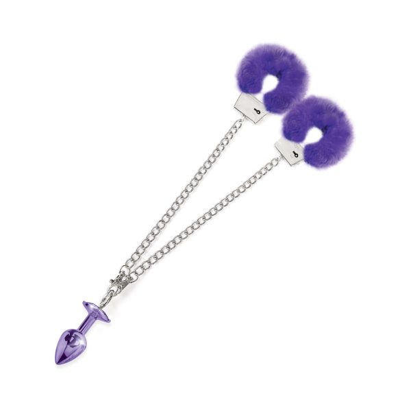 Nixie Metal Butt Plug & Furry Handcuff Set Medium Purple Metallic - Image 5