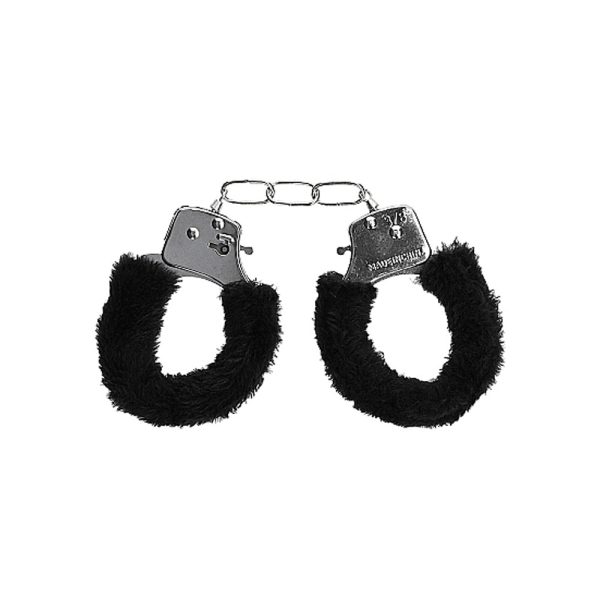 Ouch! Black & White Beginner Pleasure Furry Wrist Cuffs With Quick-Release Button Black - Image 6