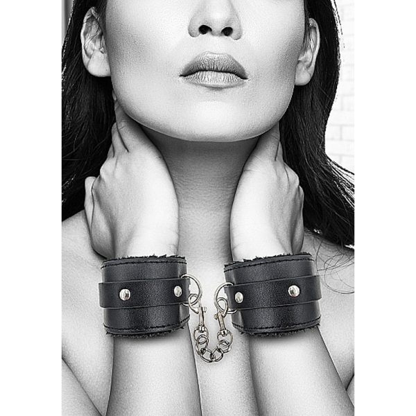 Ouch! Black & White Adjustable Plush Bonded Leather Hand Cuffs Black - Image 7