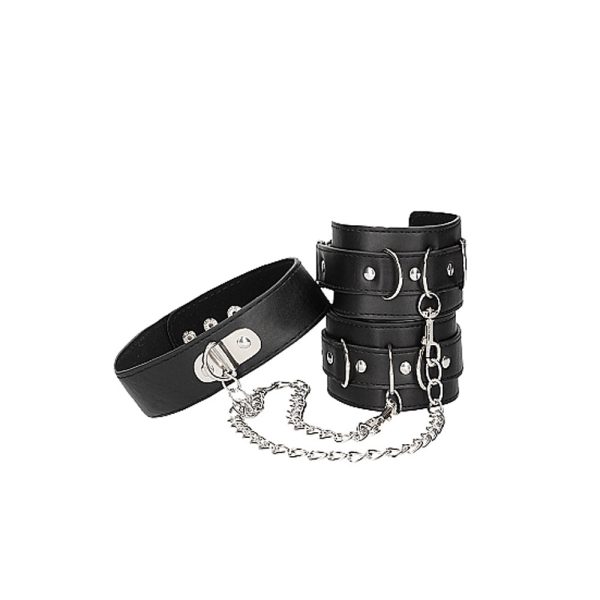 Ouch! Black & White Adjustable Bonded Leather Collar With Hand Cuffs & Chain Black - Image 8