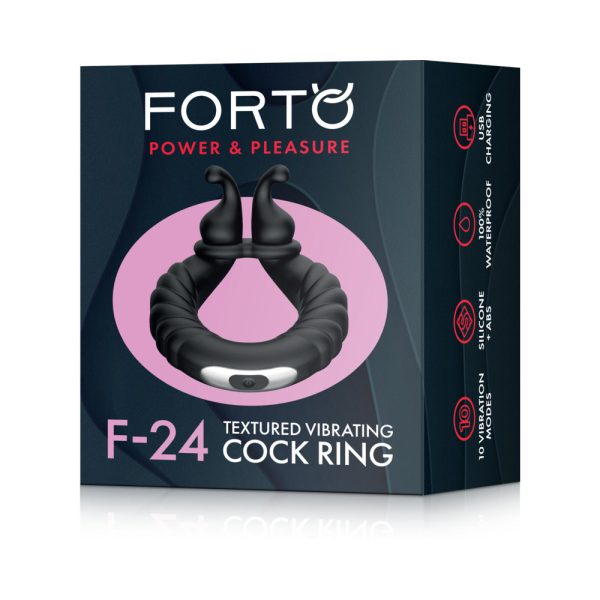 Forto F-24 Rechargeable Silicone Textured Vibrating Cockring Black - Image 10