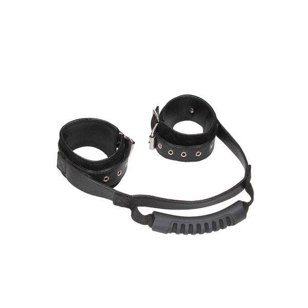 Ouch! Black & White Adjustable Bonded Leather Wrist Cuffs With Handle Black - Image 2