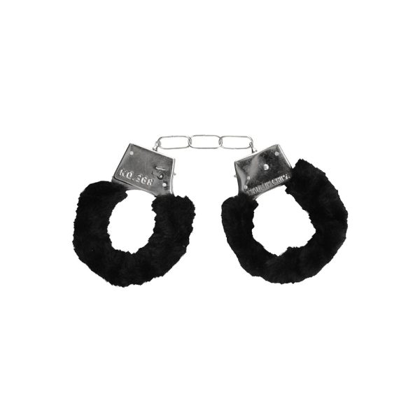 Ouch! Black & White Pleasure Furry Handcuffs with Quick-Release Button - Image 2