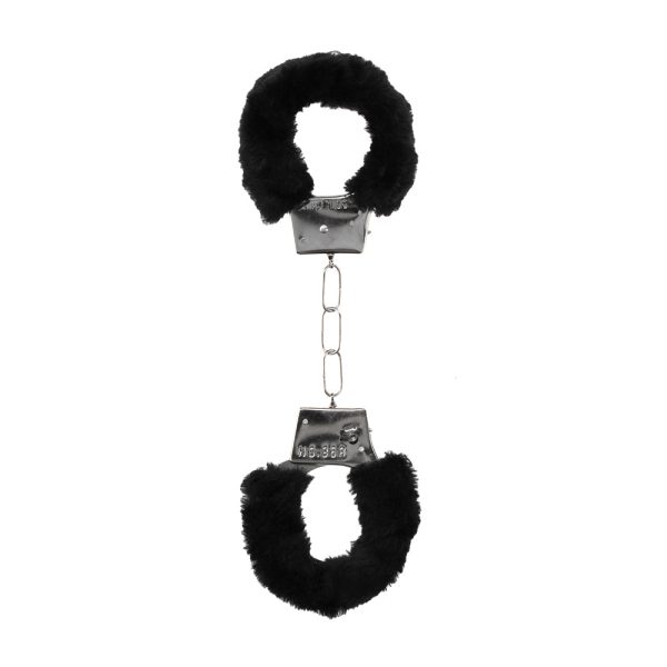 Ouch! Black & White Pleasure Furry Handcuffs with Quick-Release Button - Image 3