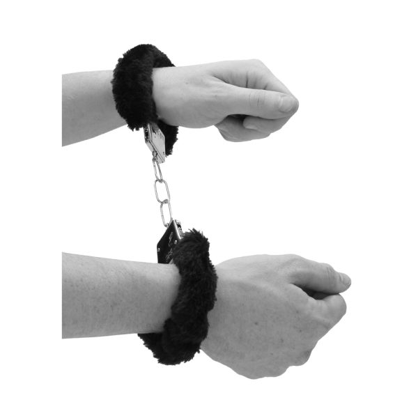 Ouch! Black & White Pleasure Furry Handcuffs with Quick-Release Button - Image 4