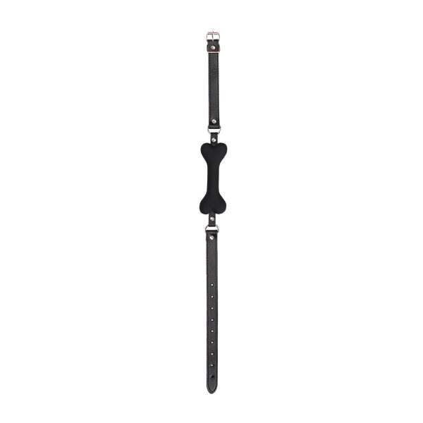 Ouch! Black & White Silicone Bone Gag With Adjustable Bonded Leather Straps Black - Image 3