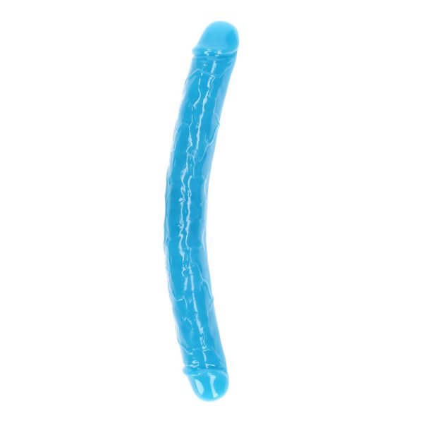 RealRock Glow in the Dark Double Dong 15 in. Dual-Ended Dildo Neon Blue - Image 2