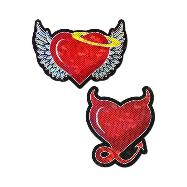 Pastease Angel & Devil Heart: Red Glitter Hearts with Wings, Halo, Horns & Tail Nipple Pasties - Image 2