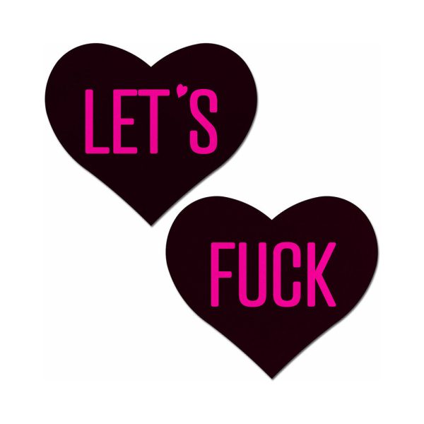 Pastease Love: Let''s Fuck Black Heart on Neon Pink Base Nipple Pasties - Image 2