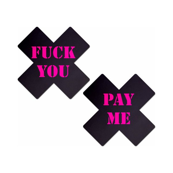 Pastease Plus X: Black with Pink "Fuck You, Pay Me" Cross Nipple Pasties - Image 2