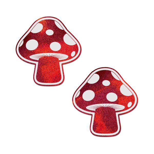 Pastease Mushroom: Shiny Red & White Glow-in-the-Dark Shroom Nipple Pasties - Image 2