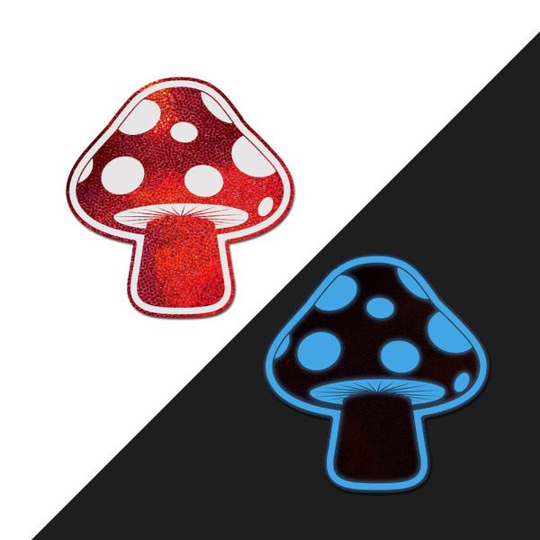 Pastease Mushroom: Shiny Red & White Glow-in-the-Dark Shroom Nipple Pasties - Image 3