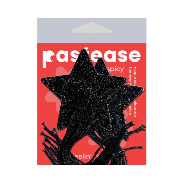 Tassel Pasties: Black Sparkle Star Pastease with Long Fringe Nipple Pasties - Image 4
