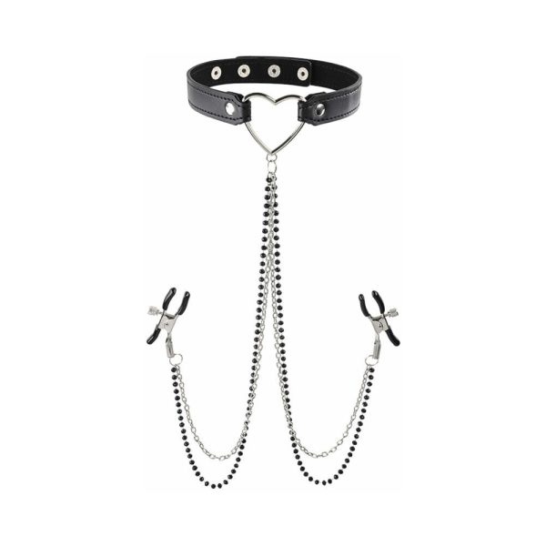 Sportsheets Sex & Mischief Amor Adjustable Collar with Nipple Clamps Black - Image 2