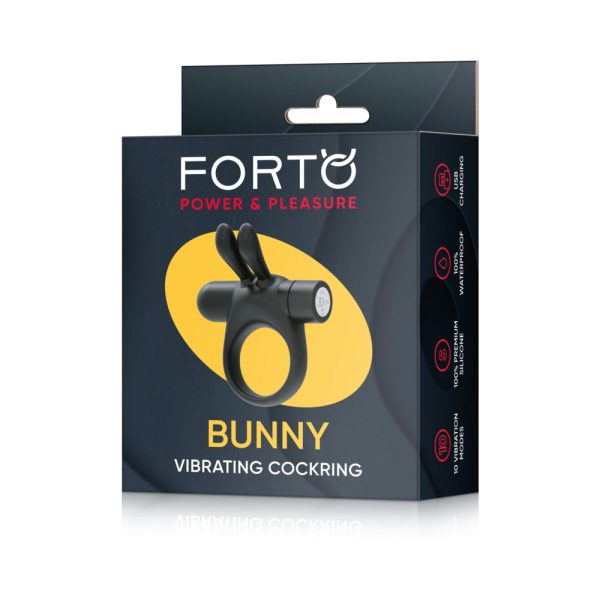 Forto Bunny Rechargeable Silicone Vibrating Cockring with Stimulating Ears Black - Image 2