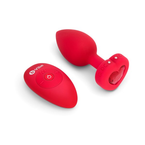 b-Vibe Vibrating Heart Anal Plug with Heart-Shaped Jewel Base Medium/Large Red - Image 2