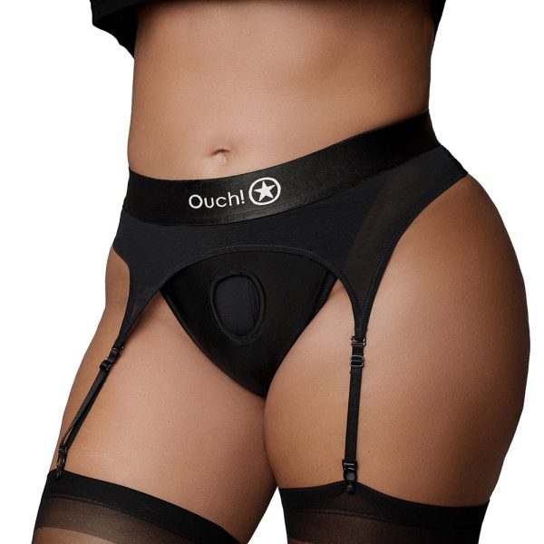 Ouch! Vibrating Strap-on Thong with Adjustable Garters Black XL/2XL - Image 2