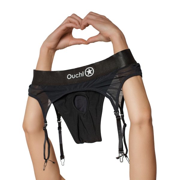 Ouch! Vibrating Strap-on Thong with Adjustable Garters Black XL/2XL - Image 4