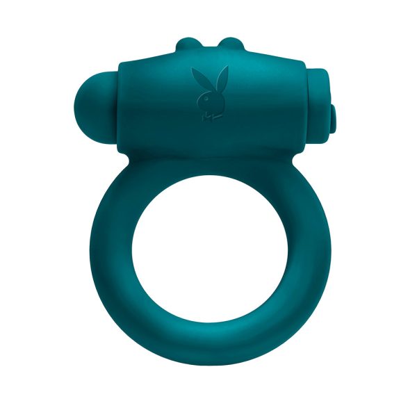 Playboy Bunny Buzzer Rechargeable Vibrating Silicone Cockring with Stimulator Deep Teal - Image 4