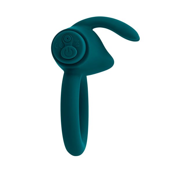 Playboy Bunny Buzzer Rechargeable Vibrating Silicone Cockring with Stimulator Deep Teal - Image 6