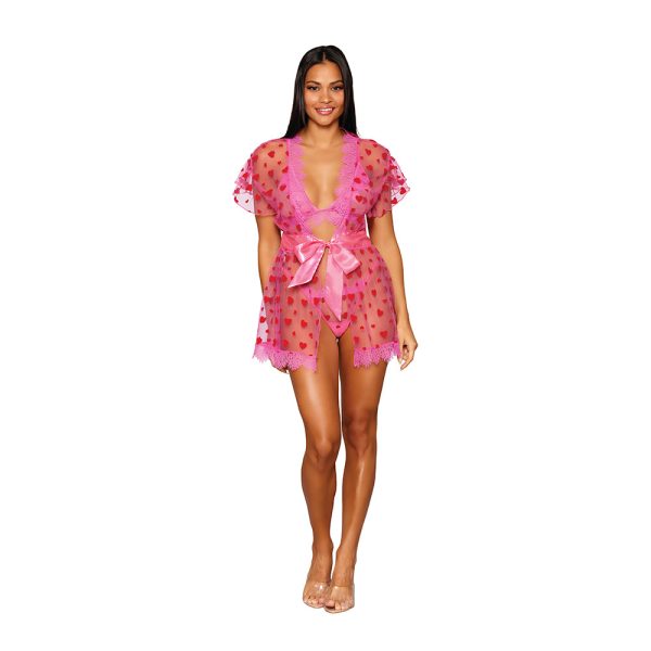Dreamgirl Flocked Heart Mesh and Eyelash Lace Robe, Bralette, and G-string Set Peony XL - Image 5