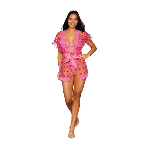 Dreamgirl Flocked Heart Mesh and Eyelash Lace Robe, Bralette, and G-string Set Peony XL - Image 6