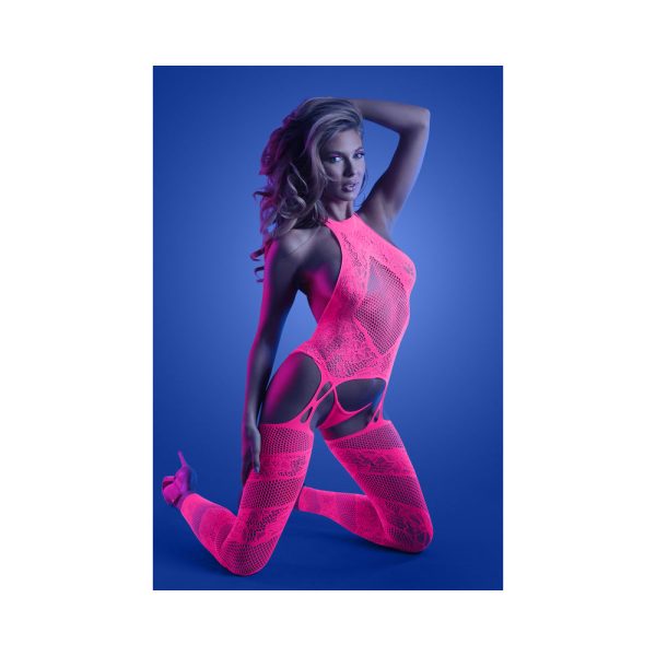 Fantasy Lingerie Glow Captivating High Neck Halter Bodystocking & G-String Set Neon Pink O/S - Image 2