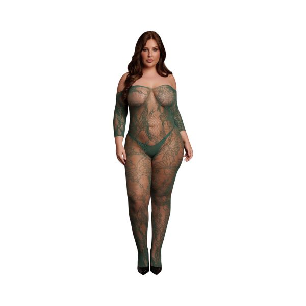 Le Desir Lace Long-Sleeved Bodystocking Midnight Green Queen Size - Image 2