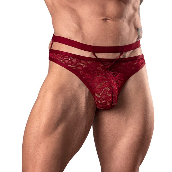 Male Power Lucifer Cut Out Strappy Thong Burgundy S/M - Image 4