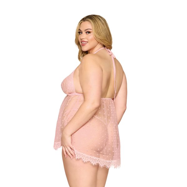 Dreamgirl Lace and Polka Dot Mesh Babydoll and G-String Rose Quartz 1XL - Image 3