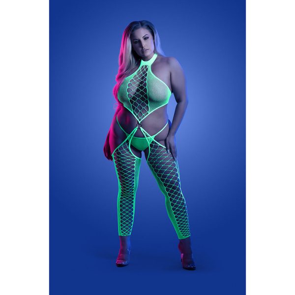 Fantasy Lingerie Glow High Voltage UV Reactive High Neck Bodystocking & G-String Panty Queen Size - Image 2