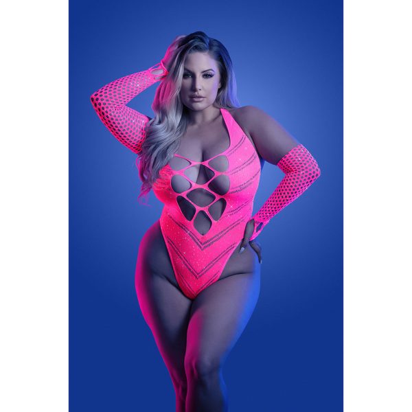 Fantasy Lingerie Glow Flashback UV Reactive Rhinestone Fishnet Teddy & Gloves/Warmers Queen Size - Image 2