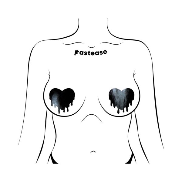 Pastease Faux Latex Pleather Vinyl Black Melty Heart Nipple Pasties - Image 3
