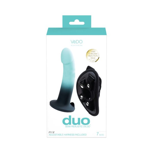VeDO Duo Silicone Dildo (Non-Vibrating) with Harness Turquoise/Black - Image 5
