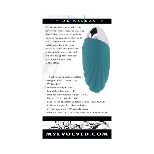 Evolved Oval Office Rechargeable Vibrating Egg with Remote Silicone Teal - Image 10