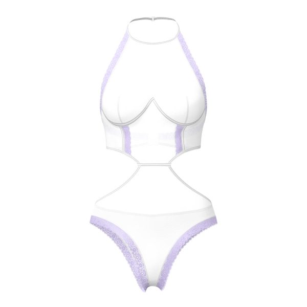 Magic Silk Sheer Passion Halter Teddy White/Lavender Queen Size - Image 4